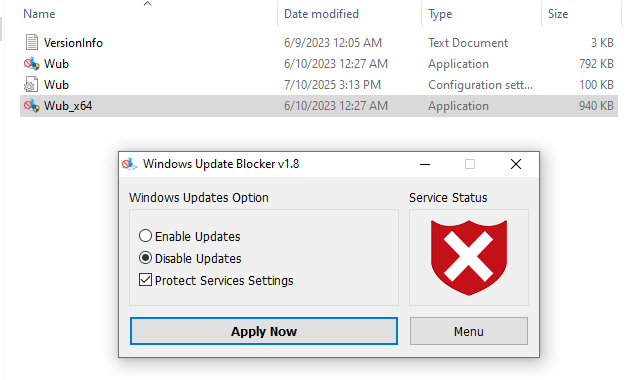 "Windows Update Blocker Software Interface Screenshot"